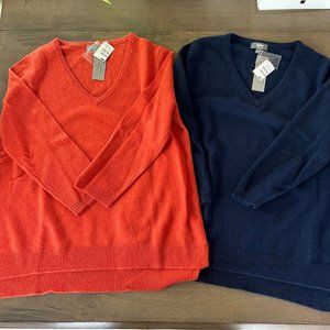 Neiman Marcus Cashmere Sweater V Neck Lot of Two Orange and Navy Wool M Medium